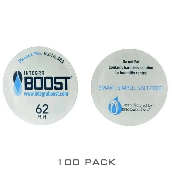 Two circular Integra Boost Humidity Cap Packs (45mm, 62%) with product, brand, and warning info are shown on a white background—ideal for keeping dispensary jars fresh.